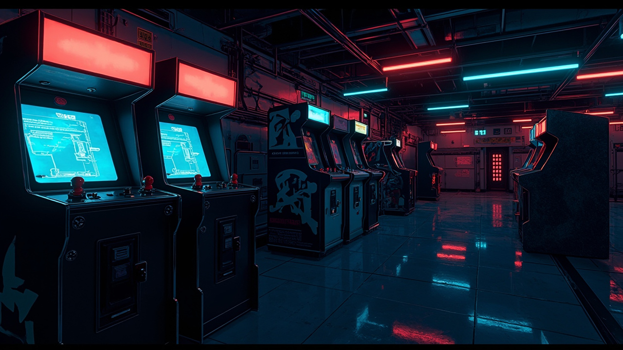 Illustration of a neon-lit retro arcade interior