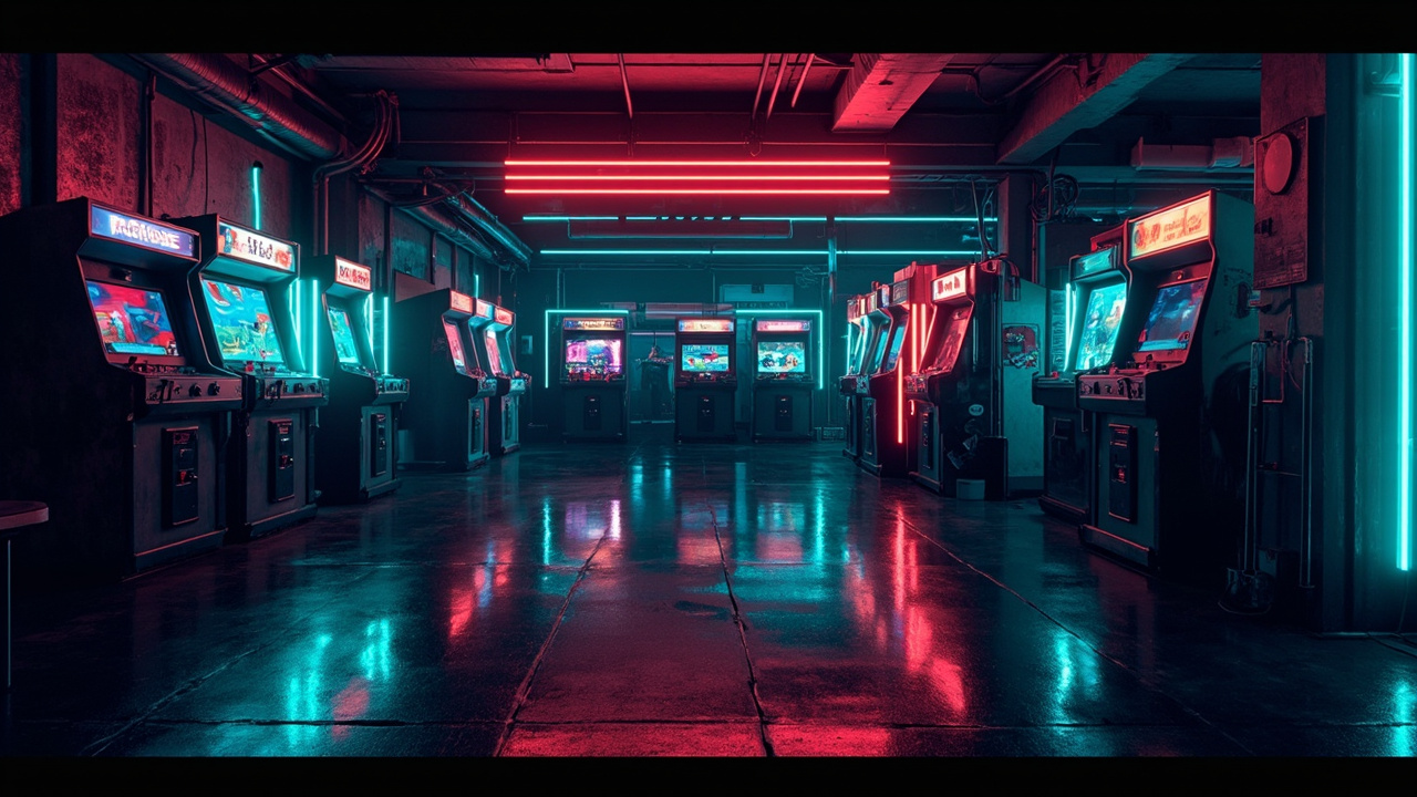 Illustration of a neon-lit retro arcade interior