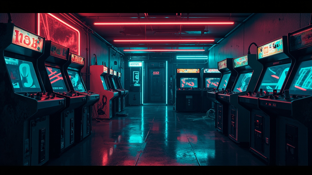 Illustration of a neon-lit retro arcade interior