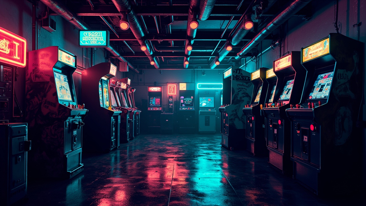 Illustration of a neon-lit retro arcade interior