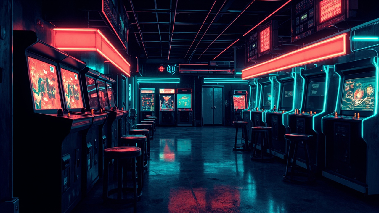 Illustration of a neon-lit retro arcade interior