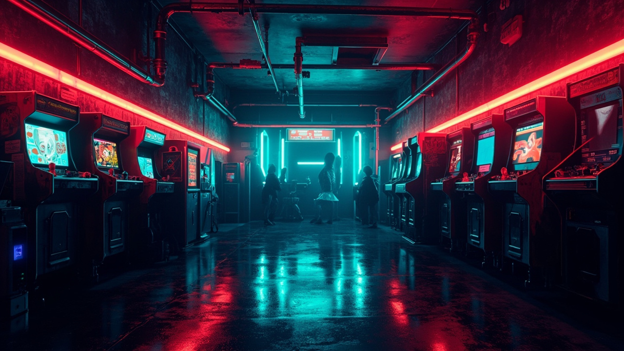 Illustration of a neon-lit retro arcade interior