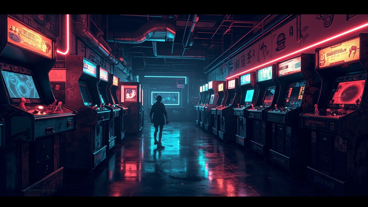 Illustration of a neon-lit retro arcade interior