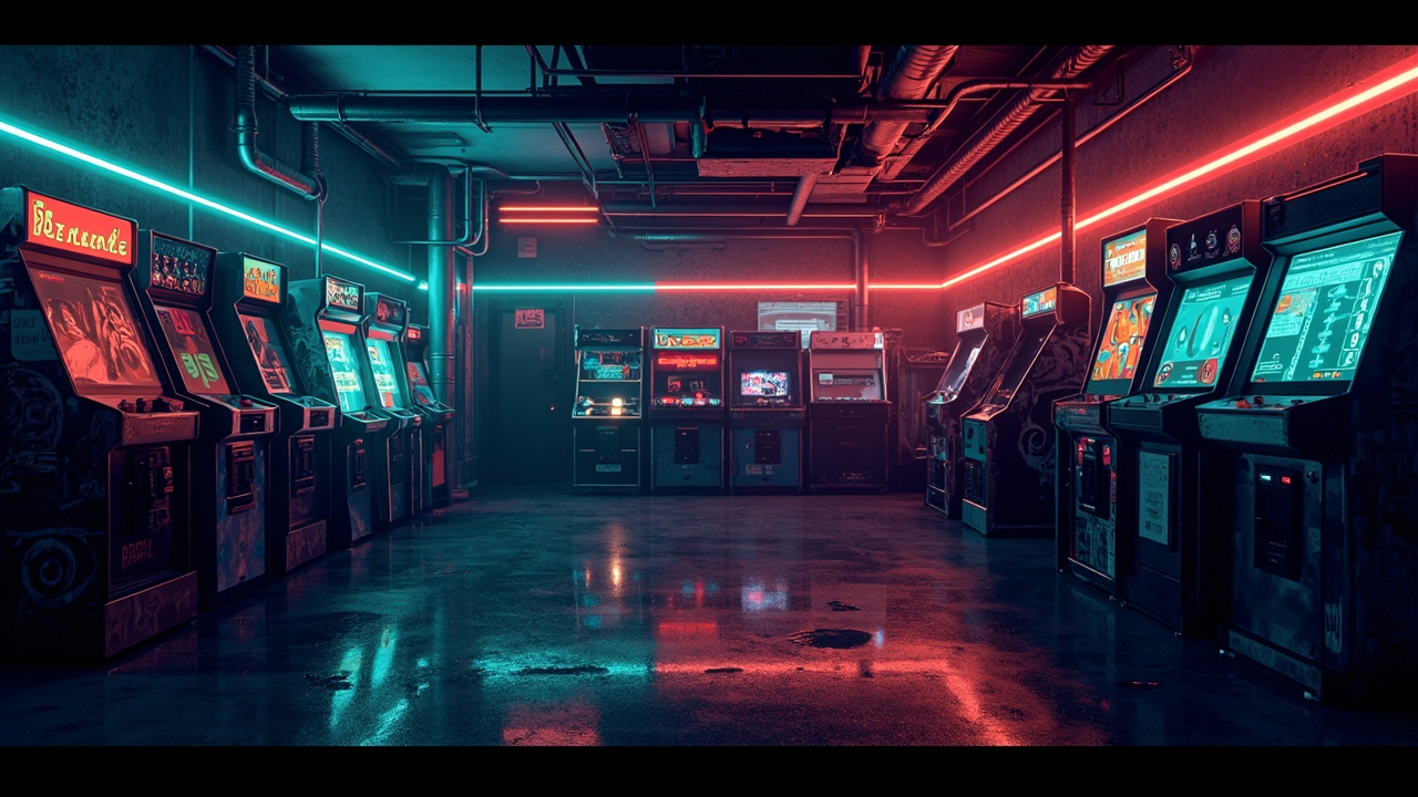 Illustration of a neon-lit retro arcade interior