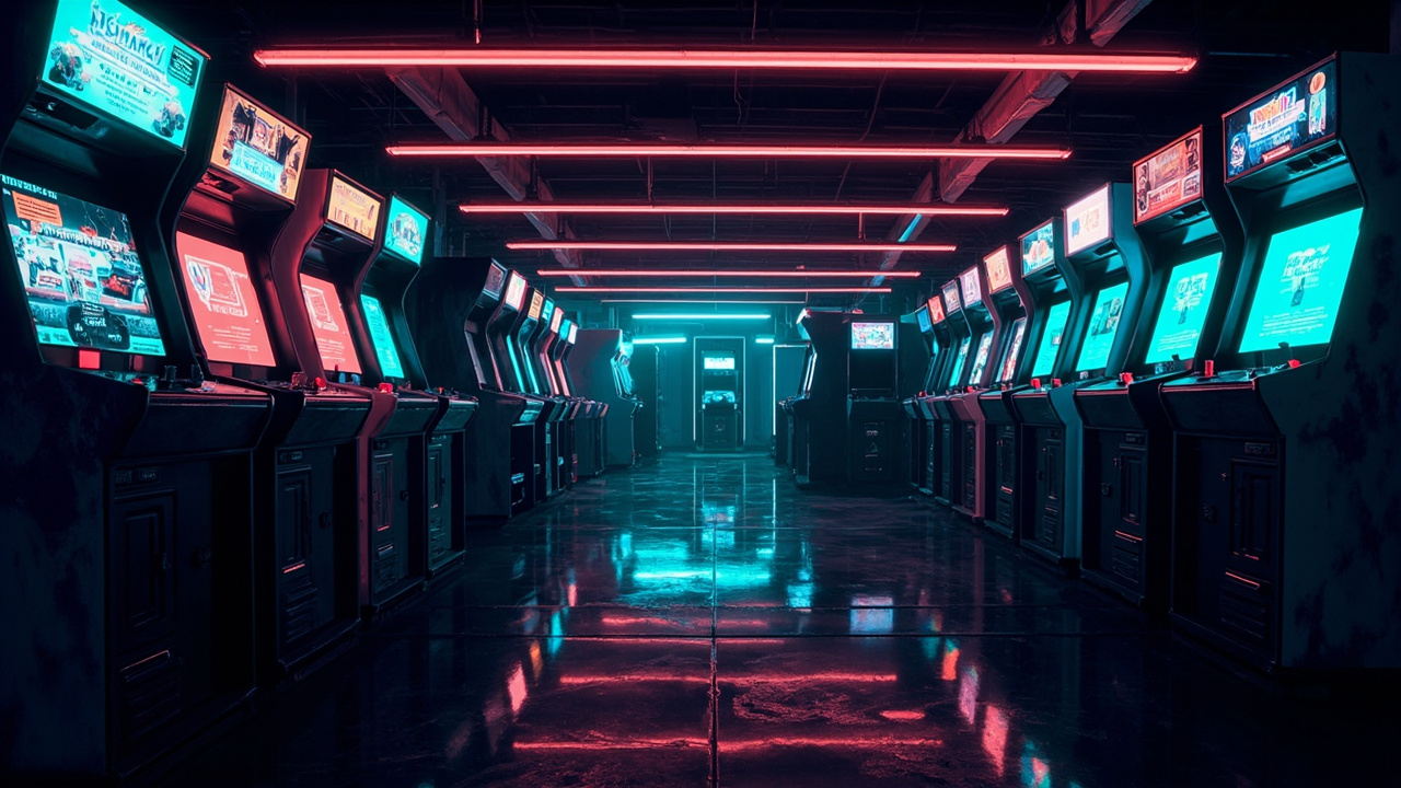 Illustration of a neon-lit retro arcade interior