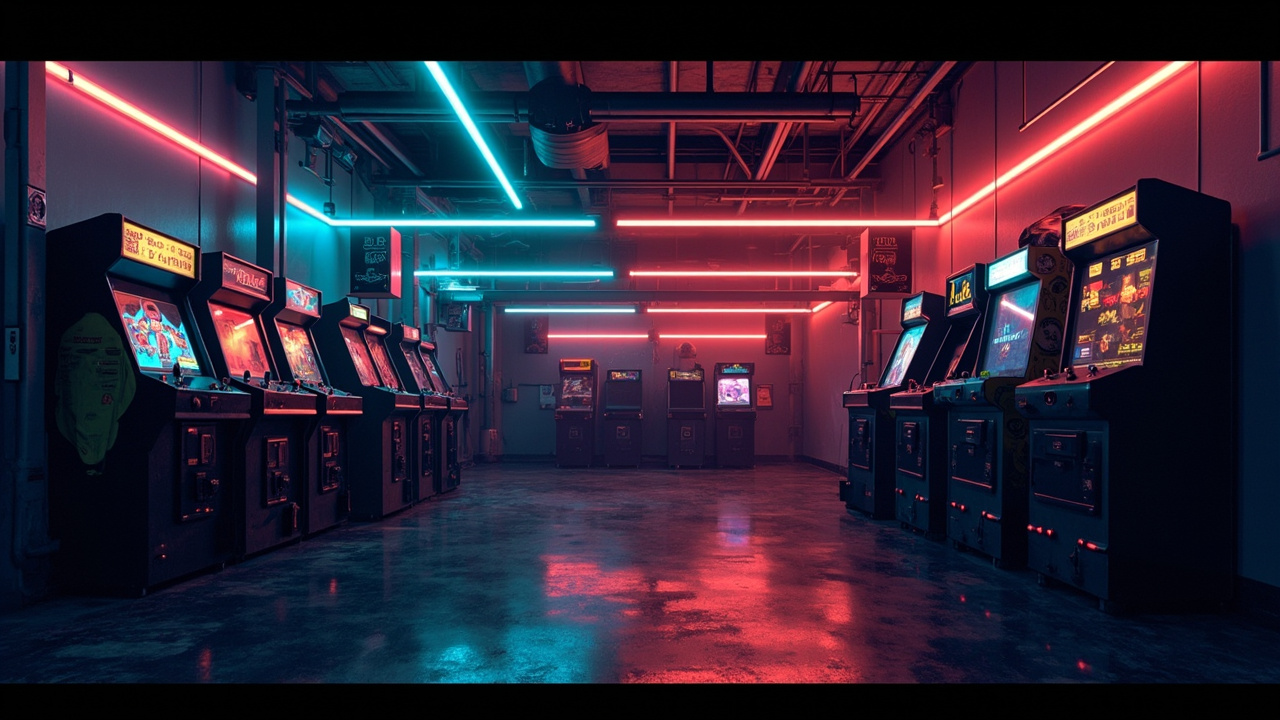 Illustration of a neon-lit retro arcade interior