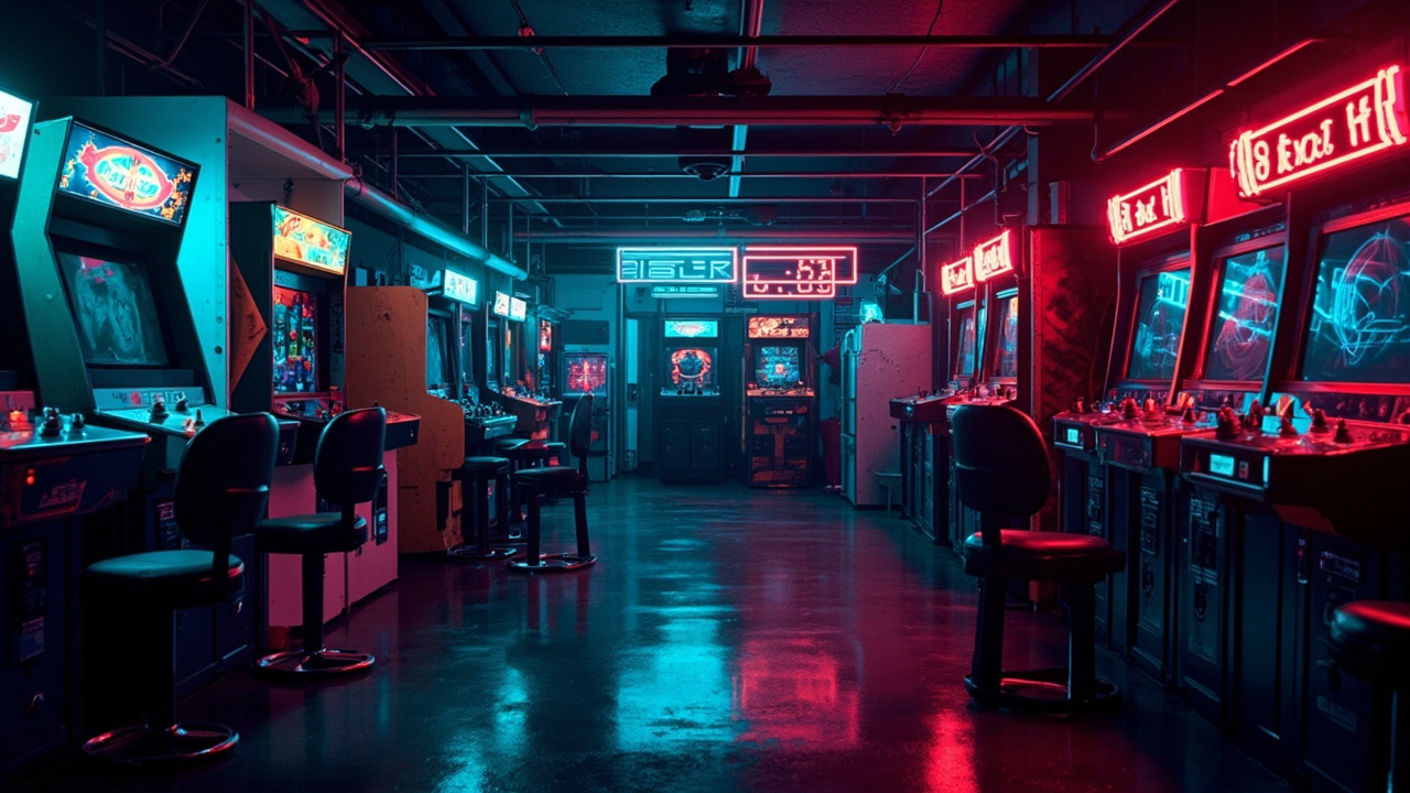 Illustration of a neon-lit retro arcade interior