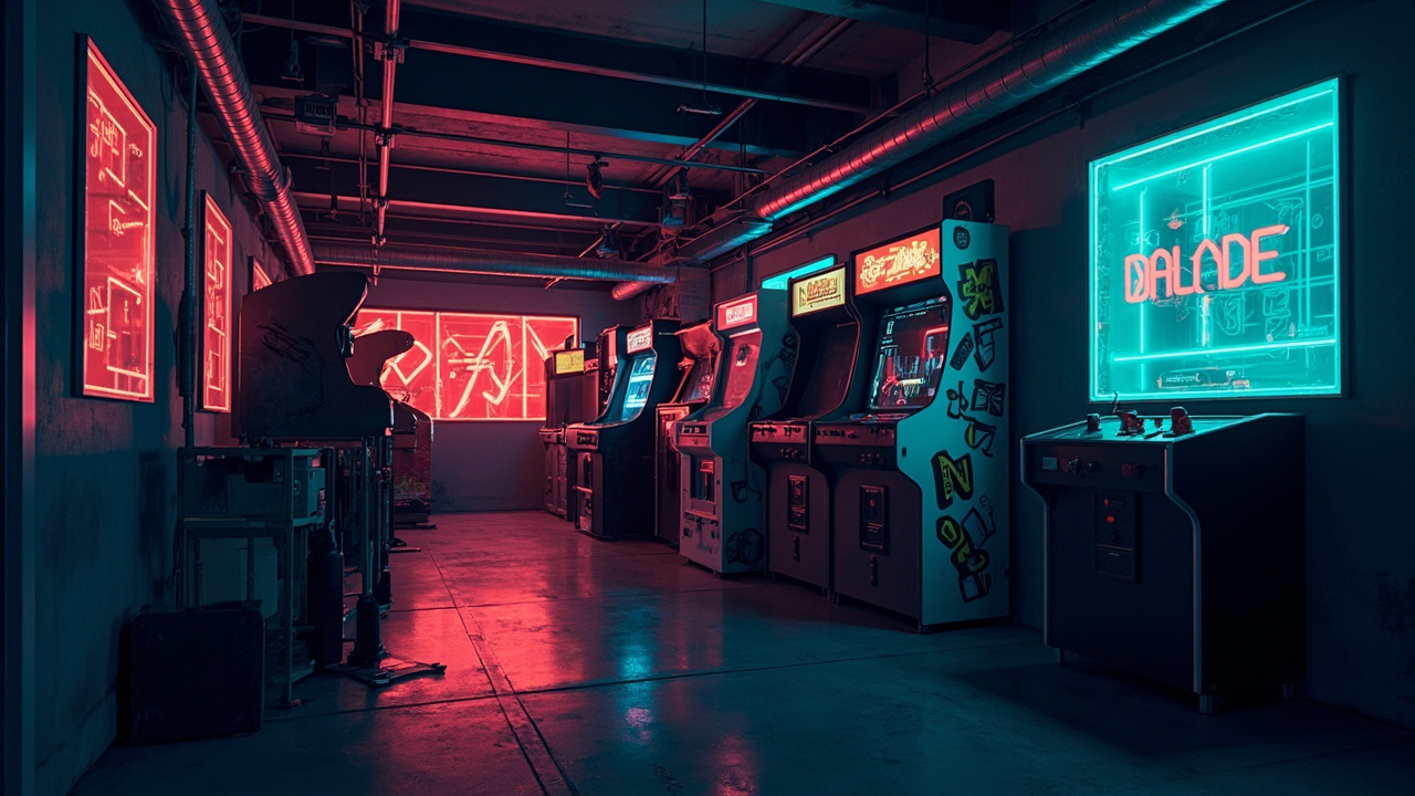 Illustration of a neon-lit retro arcade interior