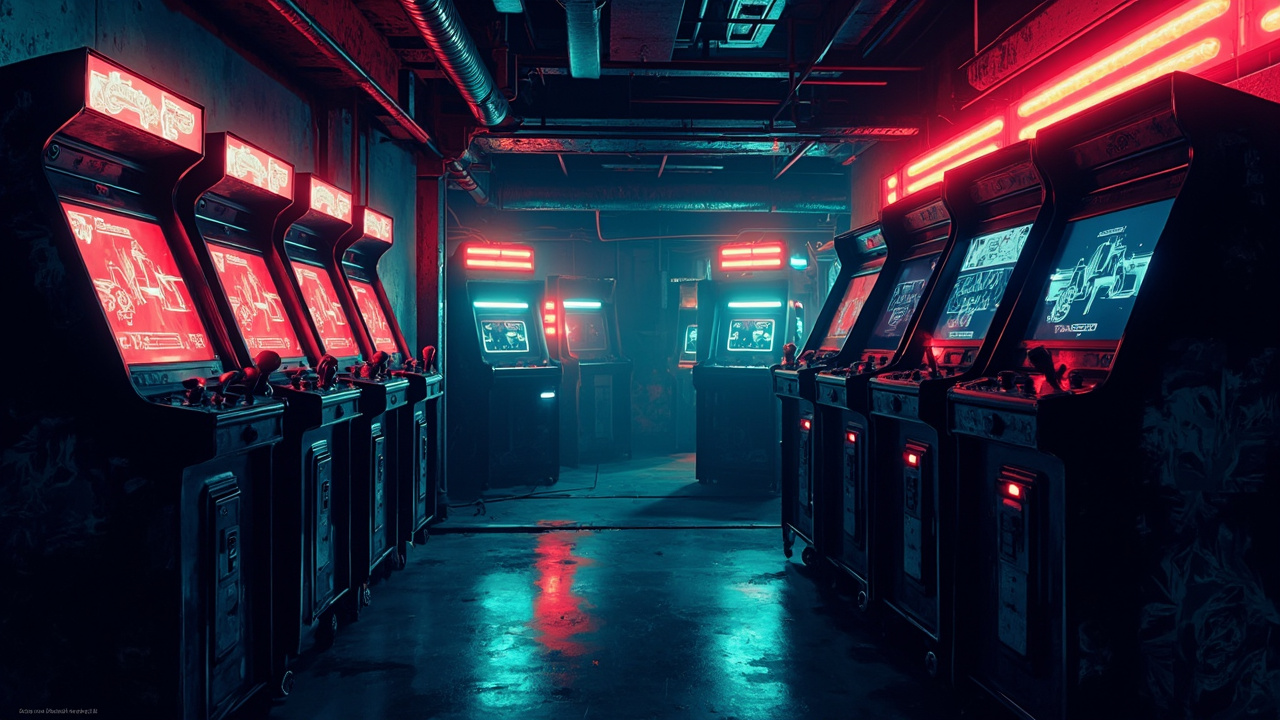 Illustration of a neon-lit retro arcade interior
