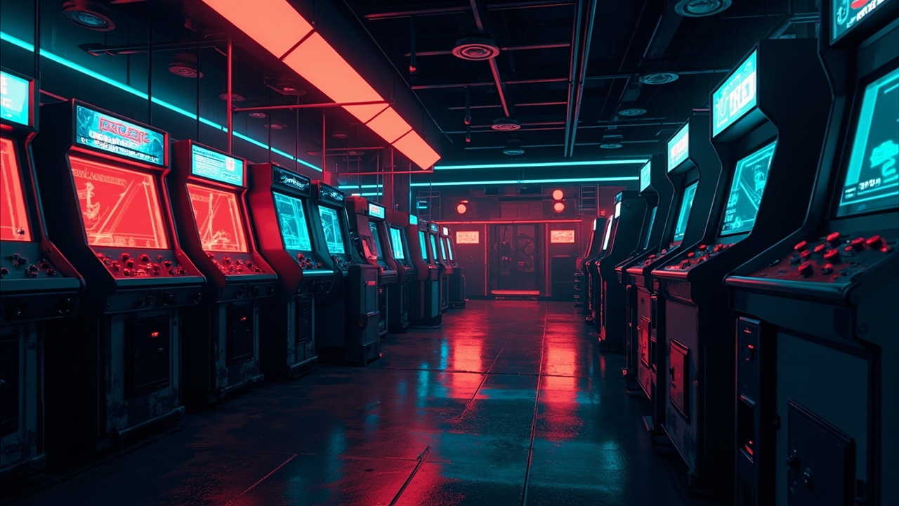 Illustration of a neon-lit retro arcade interior