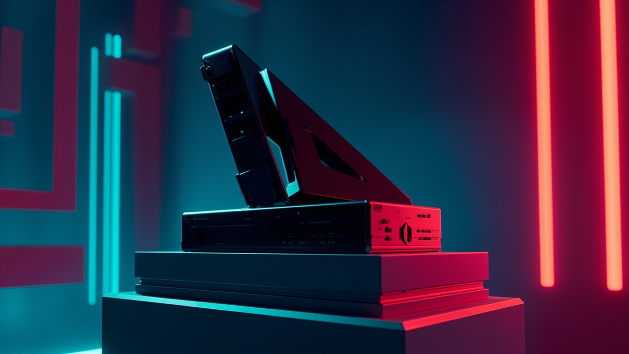 Illustration of retro gaming hardware in synthwave style