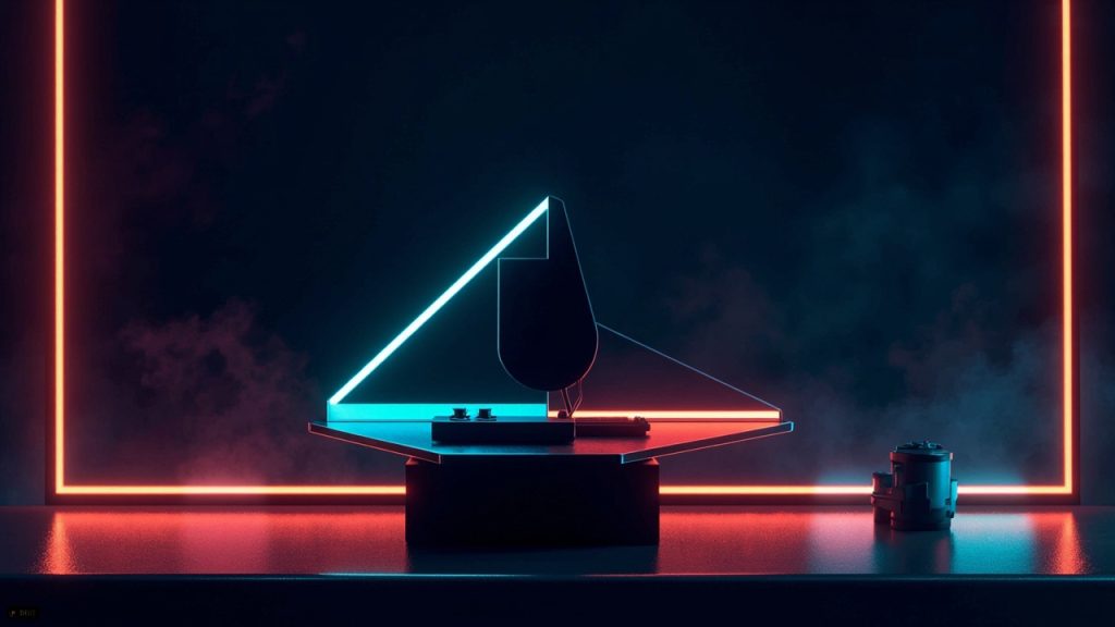Illustration of retro gaming hardware in synthwave style