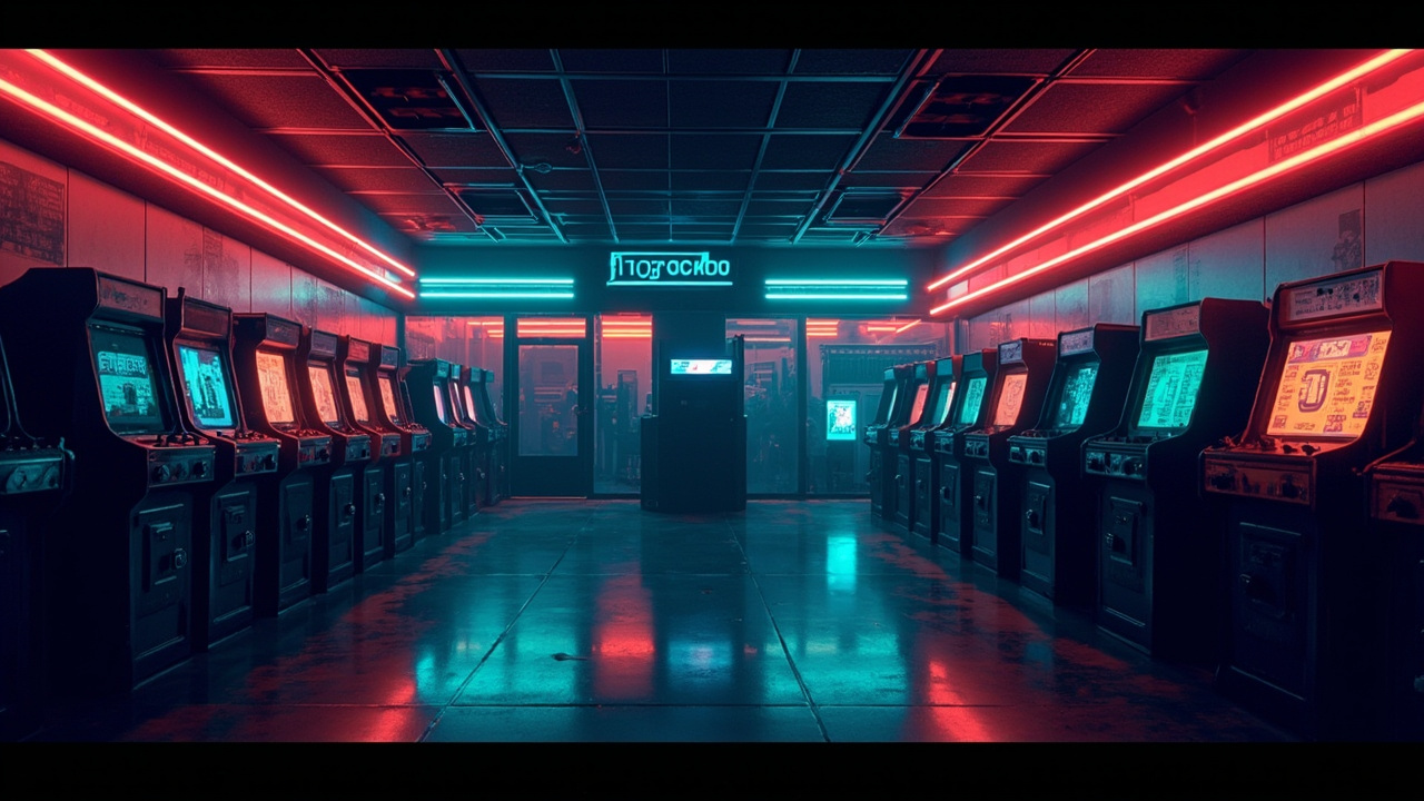 Illustration of a neon-lit retro arcade interior