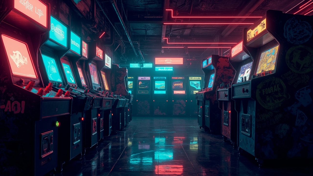 Illustration of a neon-lit retro arcade interior
