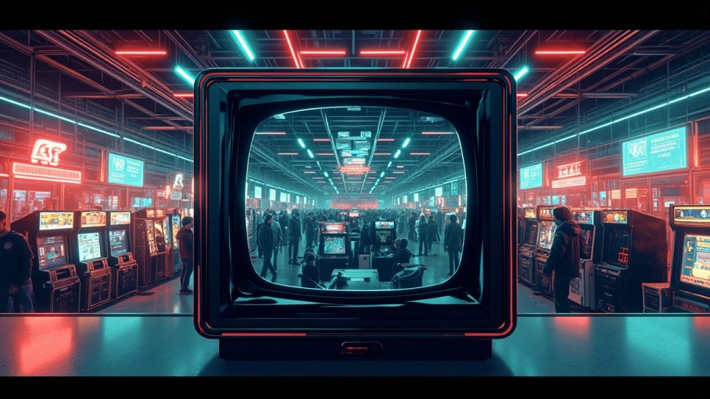 Illustration: A boxy cathode-ray tube television with a curved glass screen displays an overhead view of a crowded gaming convention hall filled with rows of arcade cabinets and display monitors.