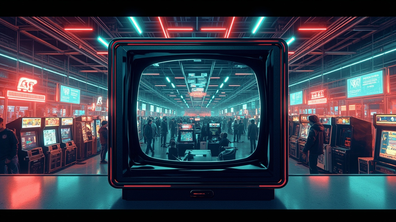 Illustration: A boxy cathode-ray tube television with a curved glass screen displays an overhead view of a crowded gaming convention hall filled with rows of arcade cabinets and display monitors.