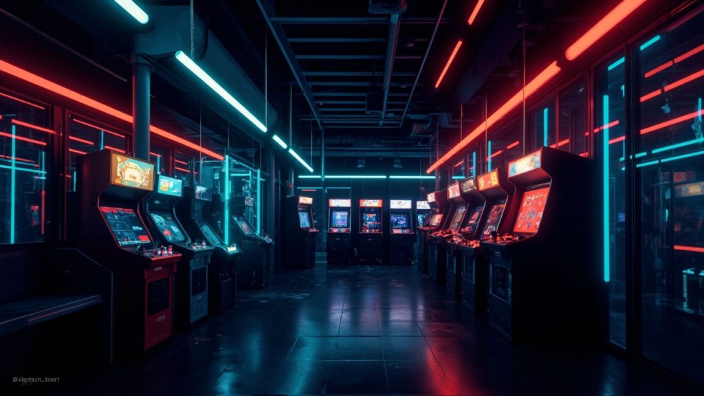 Illustration of a neon-lit retro arcade interior