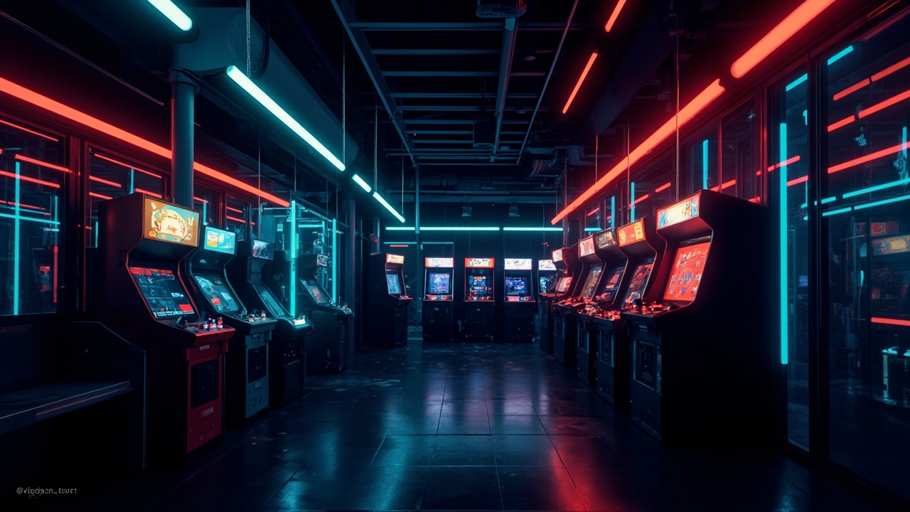 Illustration of a neon-lit retro arcade interior