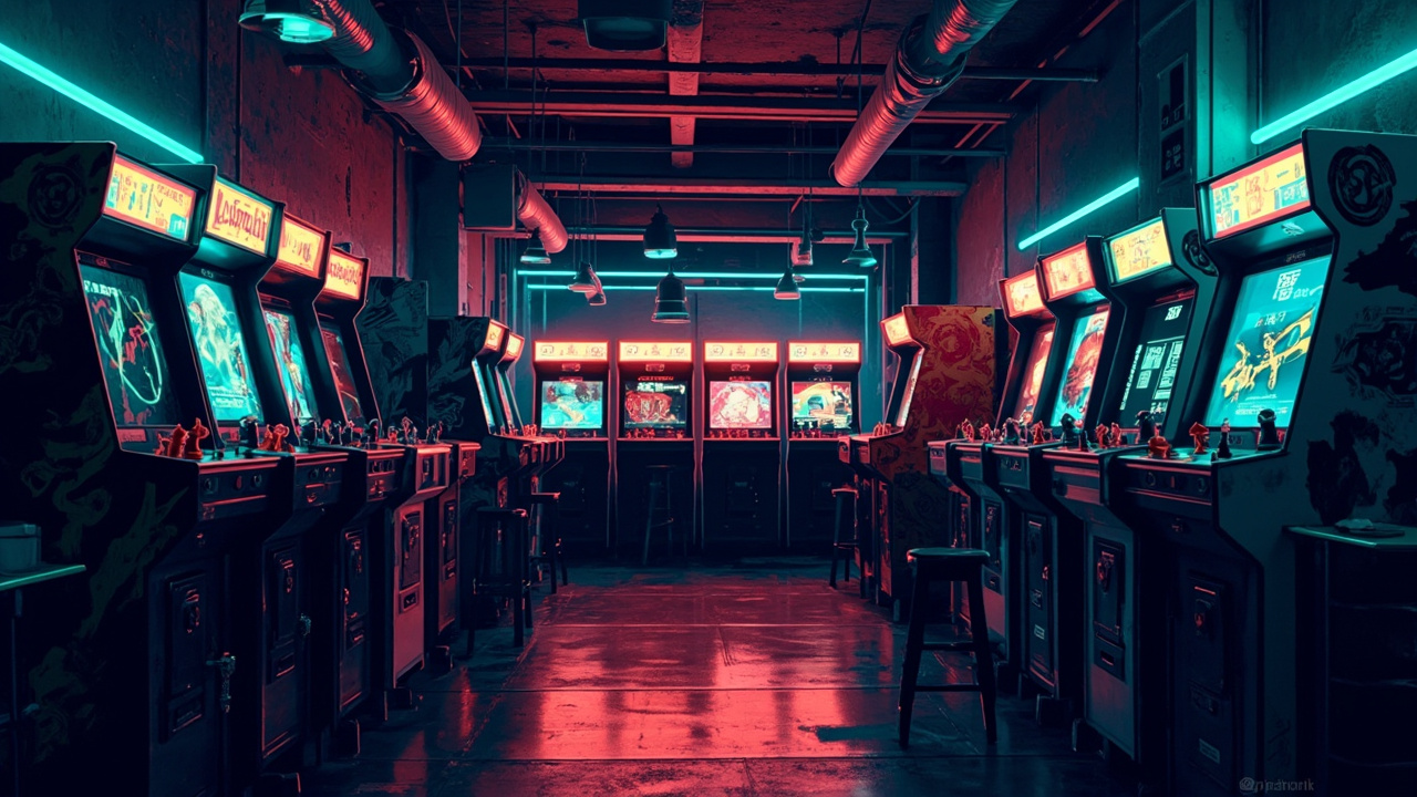 Illustration of a neon-lit retro arcade interior