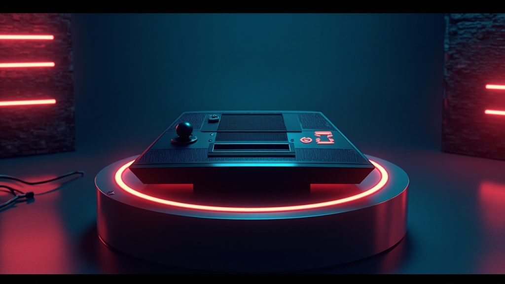 Illustration of retro gaming hardware in synthwave style