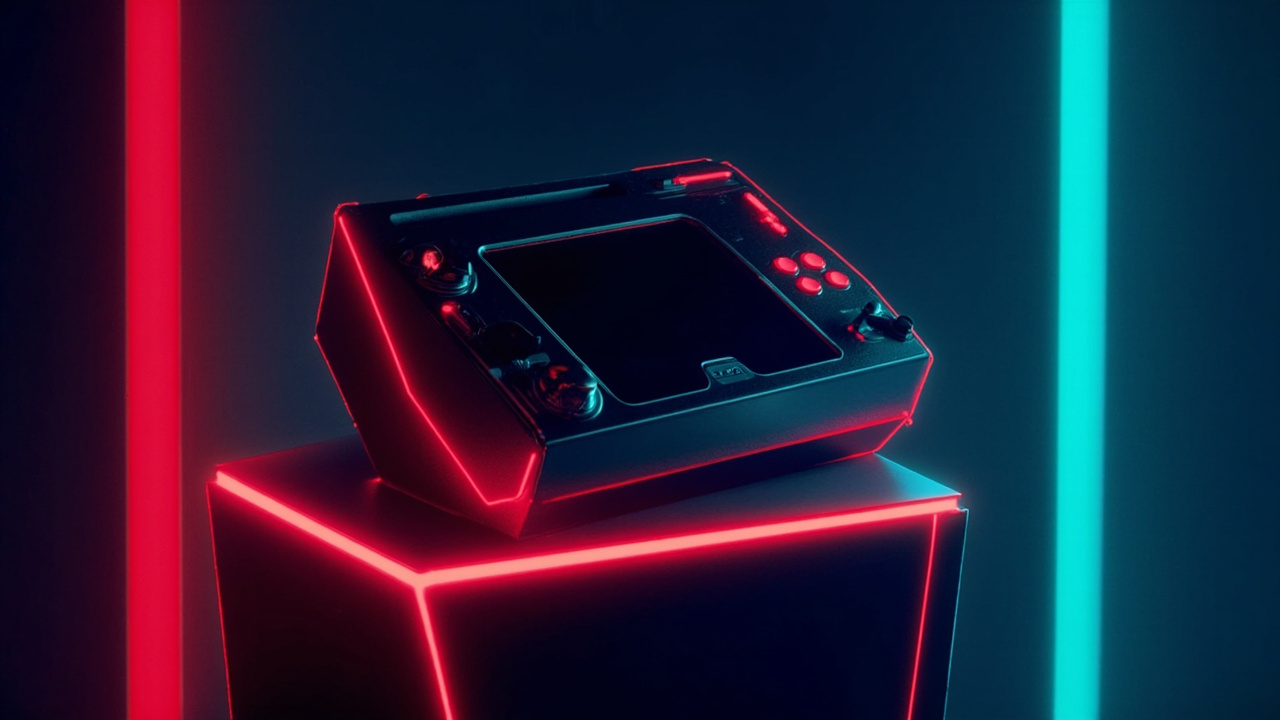Illustration of retro gaming hardware in synthwave style
