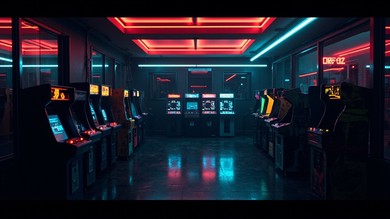 Illustration of a neon-lit retro arcade interior