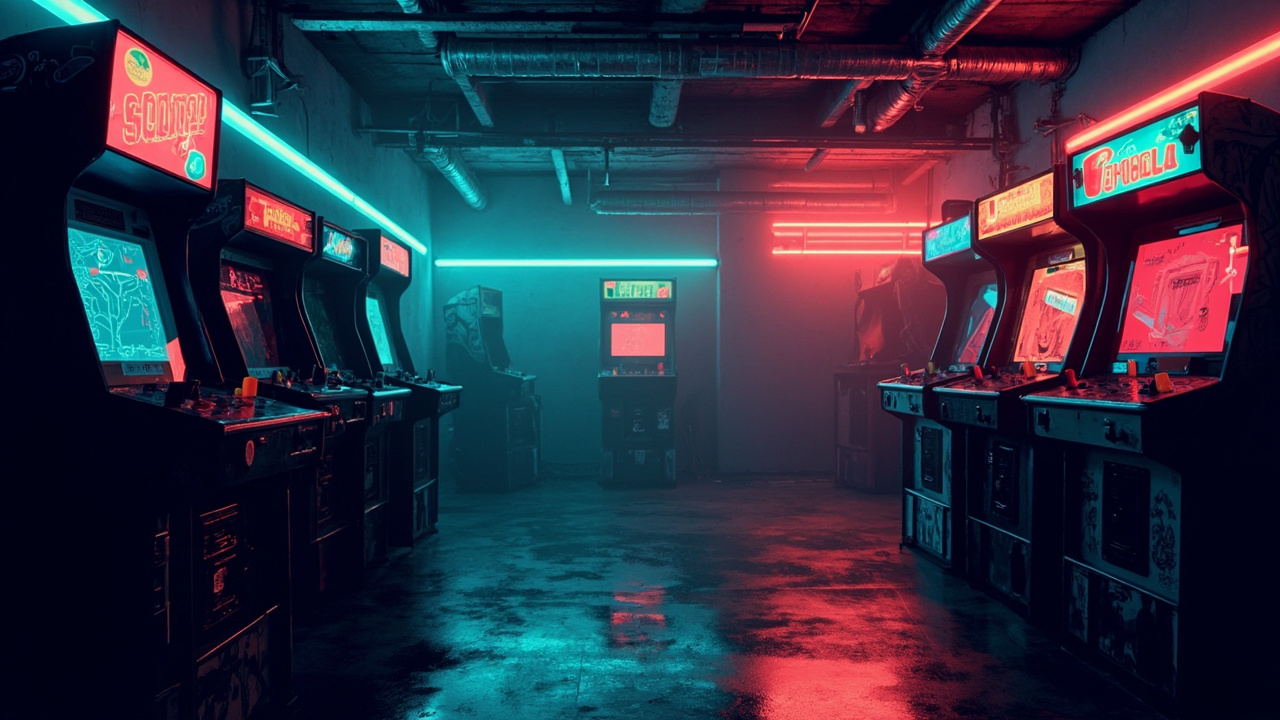 Illustration of a neon-lit retro arcade interior