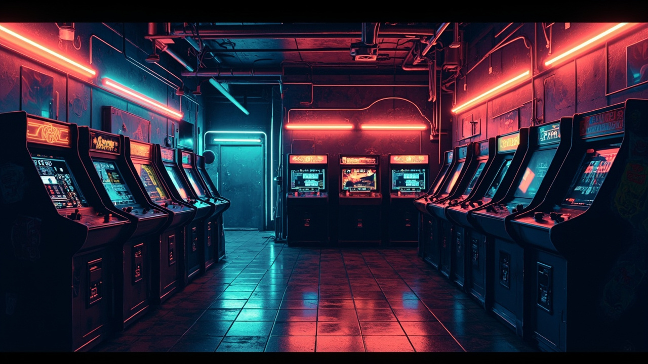 Illustration of a neon-lit retro arcade interior