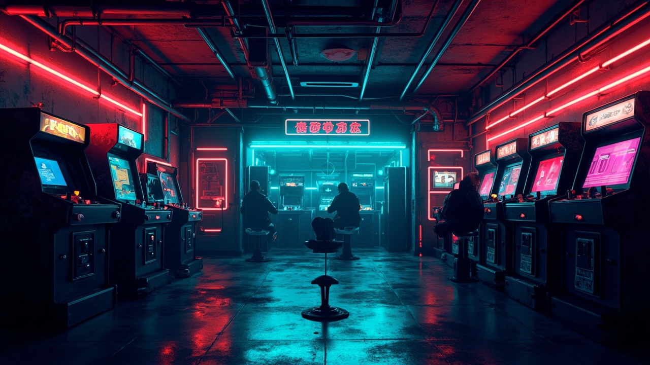 Illustration of a neon-lit retro arcade interior