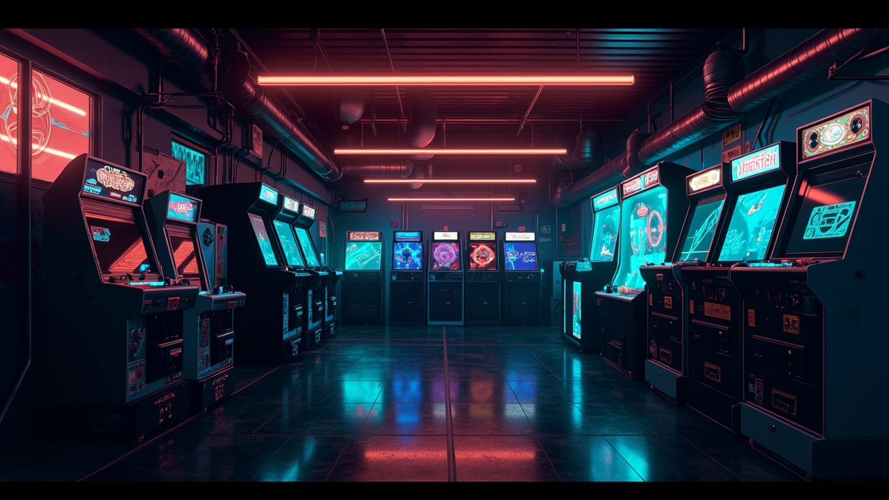Illustration of a neon-lit retro arcade interior