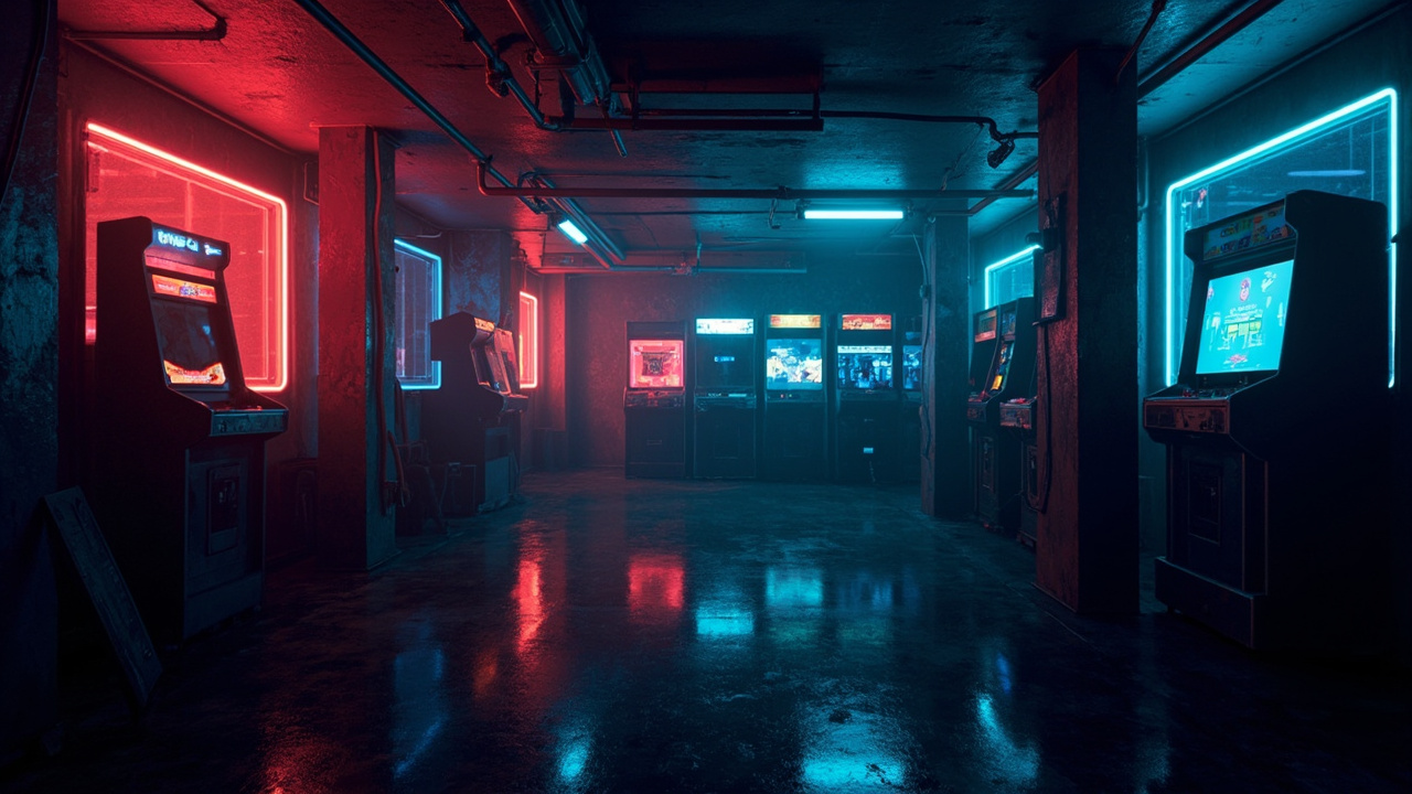 Illustration of a neon-lit retro arcade interior