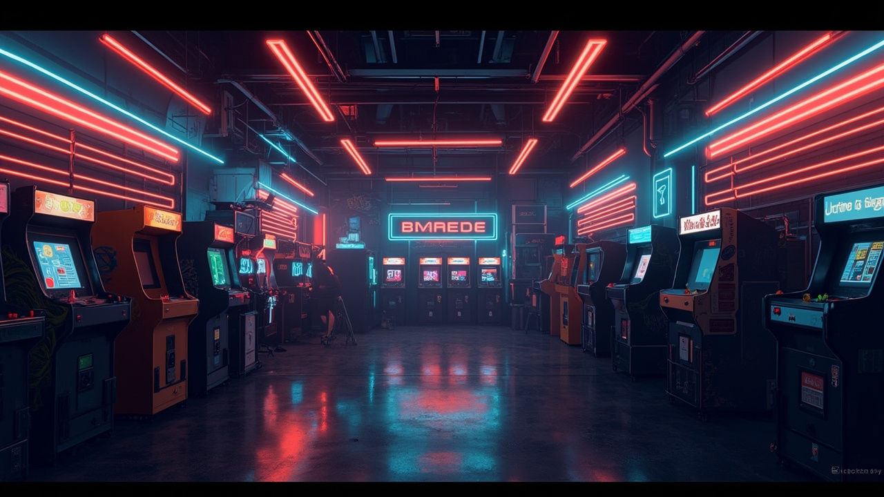 Illustration of a neon-lit retro arcade interior