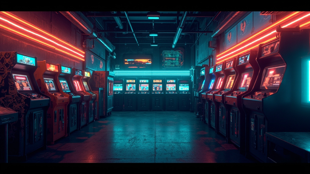 Illustration of a neon-lit retro arcade interior