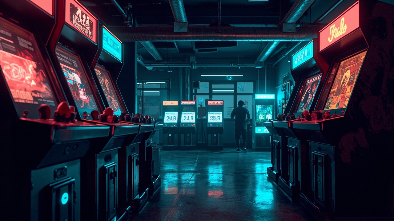 Illustration of a neon-lit retro arcade interior