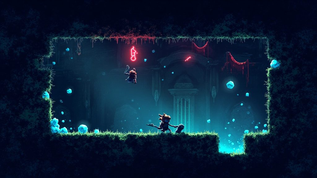 Illustration: A pixelated retro video game screen depicting a character navigating a moss-covered stone dungeon with scattered blue gems.