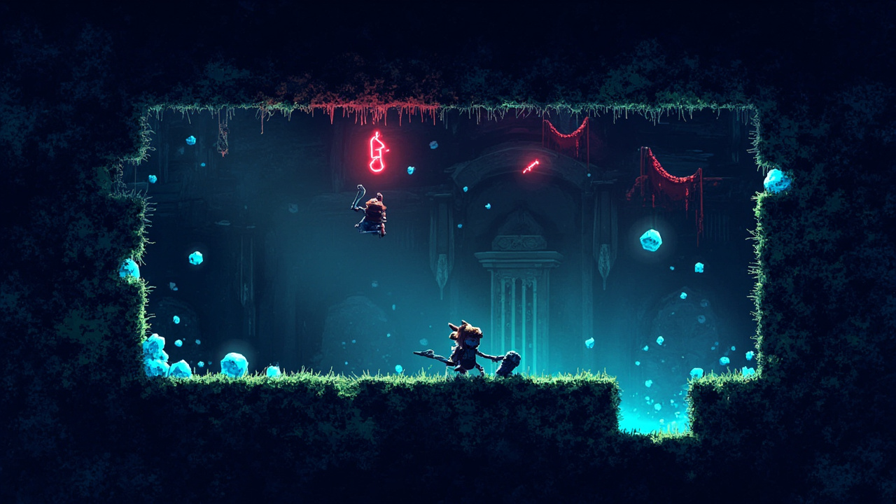 Illustration: A pixelated retro video game screen depicting a character navigating a moss-covered stone dungeon with scattered blue gems.