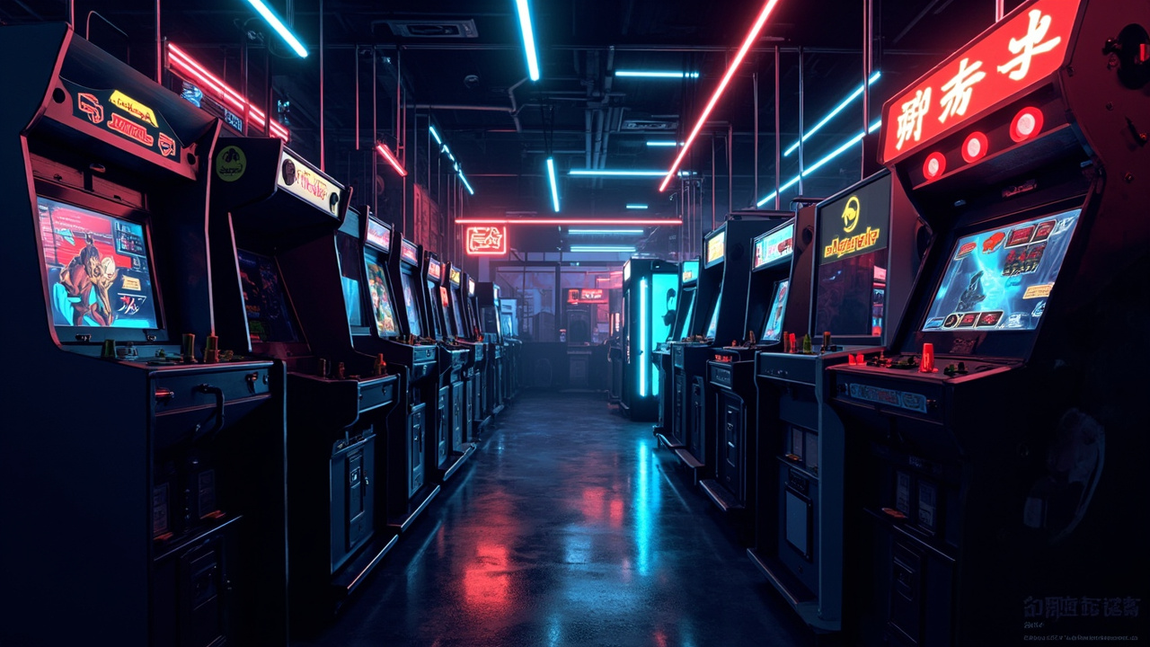 Illustration of a neon-lit retro arcade interior