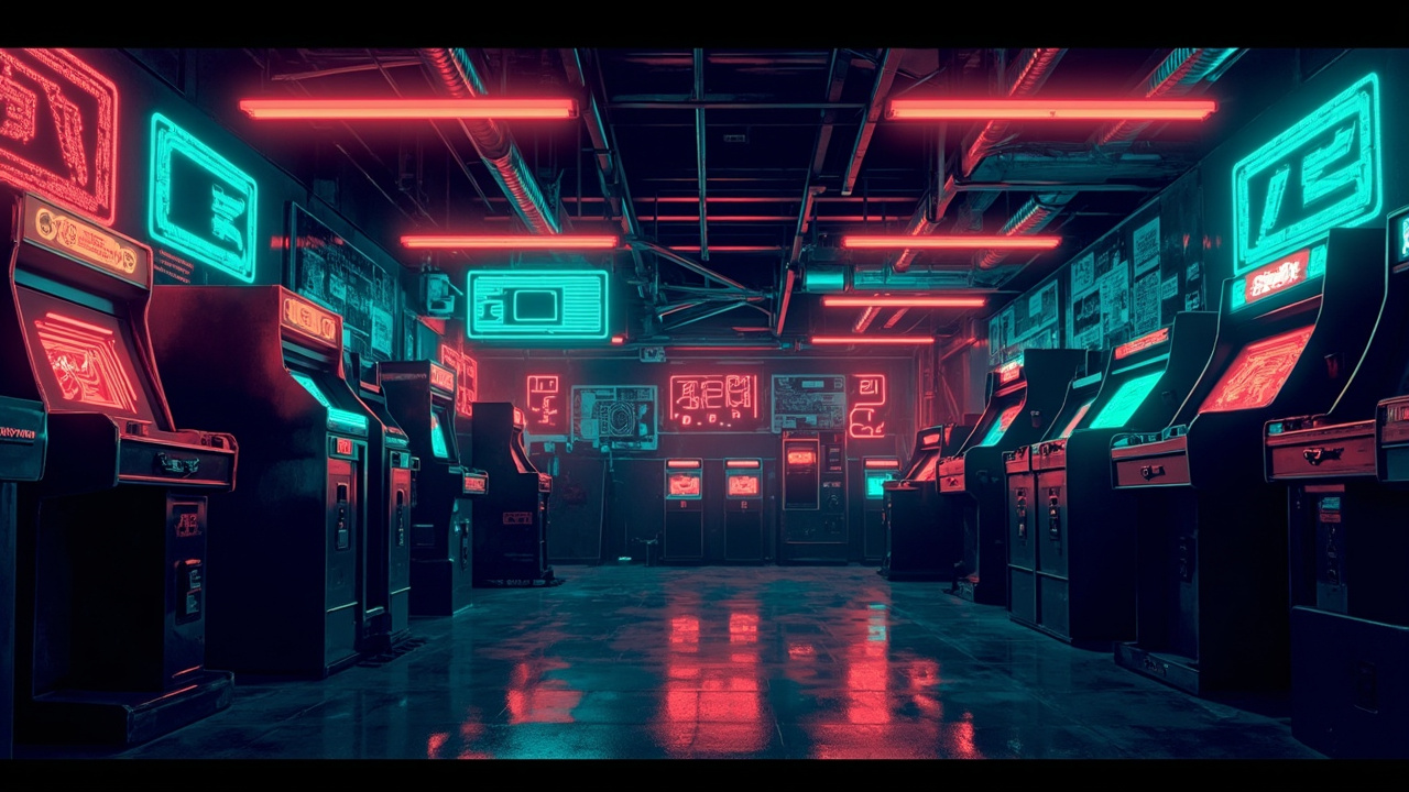 Illustration of a neon-lit retro arcade interior