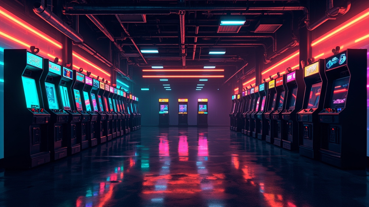 Illustration of a neon-lit retro arcade interior