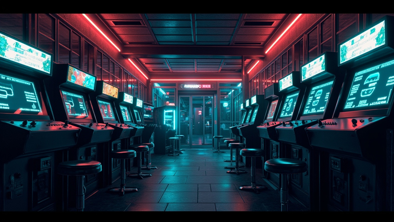 Illustration of a neon-lit retro arcade interior