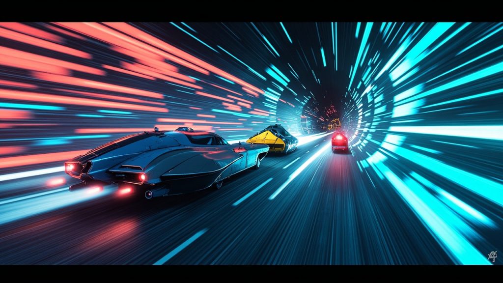 Illustration: Futuristic hovercraft racing vehicles speed through a glowing tunnel, with a large blue-and-gray craft in the foreground, a yellow triangular ship in the middle, and a red craft trailing behind amid motion blur and blue energy trails.