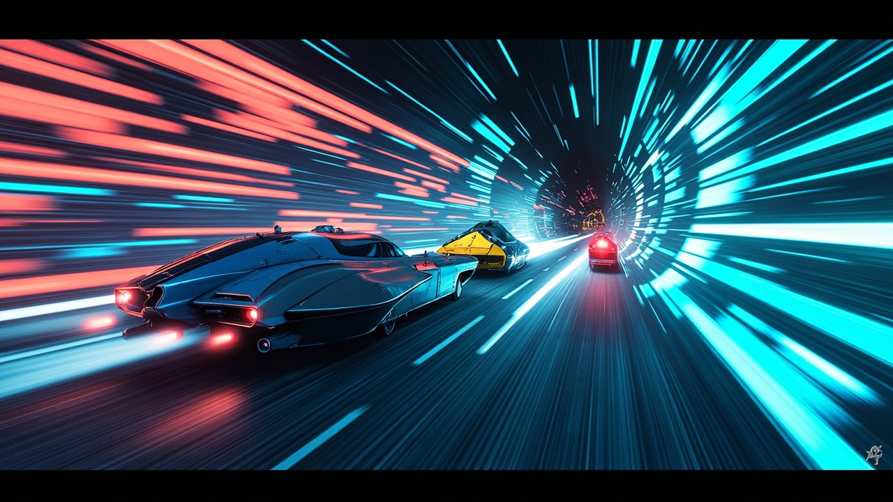 Illustration: Futuristic hovercraft racing vehicles speed through a glowing tunnel, with a large blue-and-gray craft in the foreground, a yellow triangular ship in the middle, and a red craft trailing behind amid motion blur and blue energy trails.
