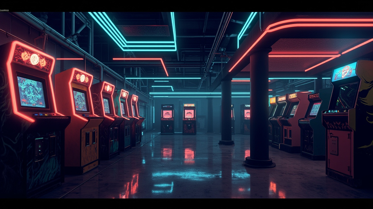 Illustration of a neon-lit retro arcade interior