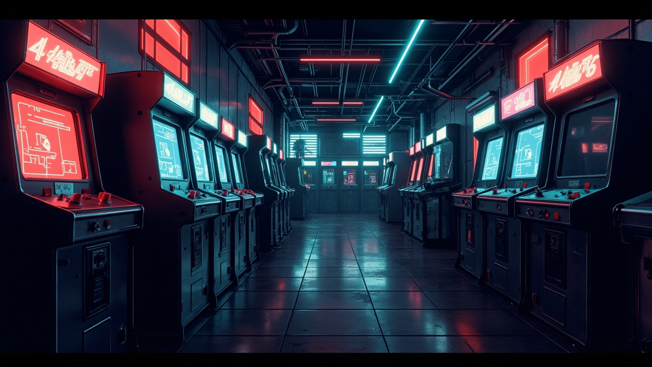 Illustration of a neon-lit retro arcade interior
