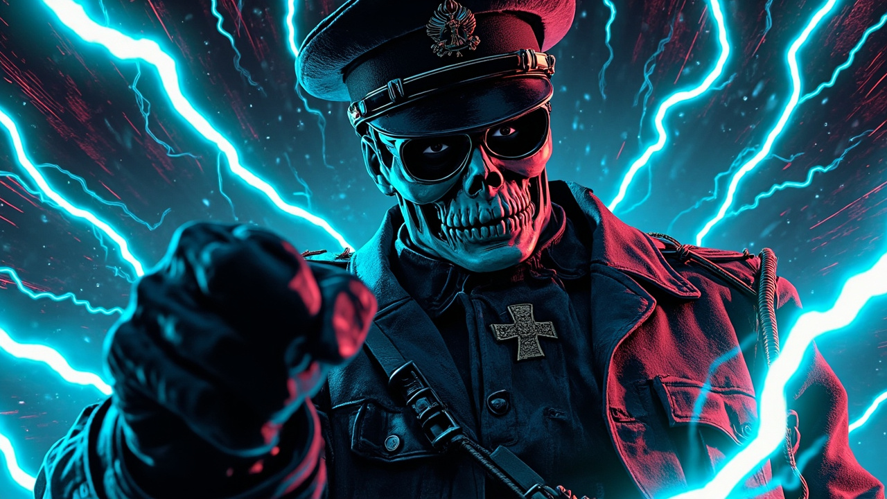Illustration: A skull-faced figure wearing a peaked military cap and uniform extends a leather-gloved hand amid swirling blue electrical arcs, with a cross insignia visible on the chest and a metallic, weathered texture dominating the scene.