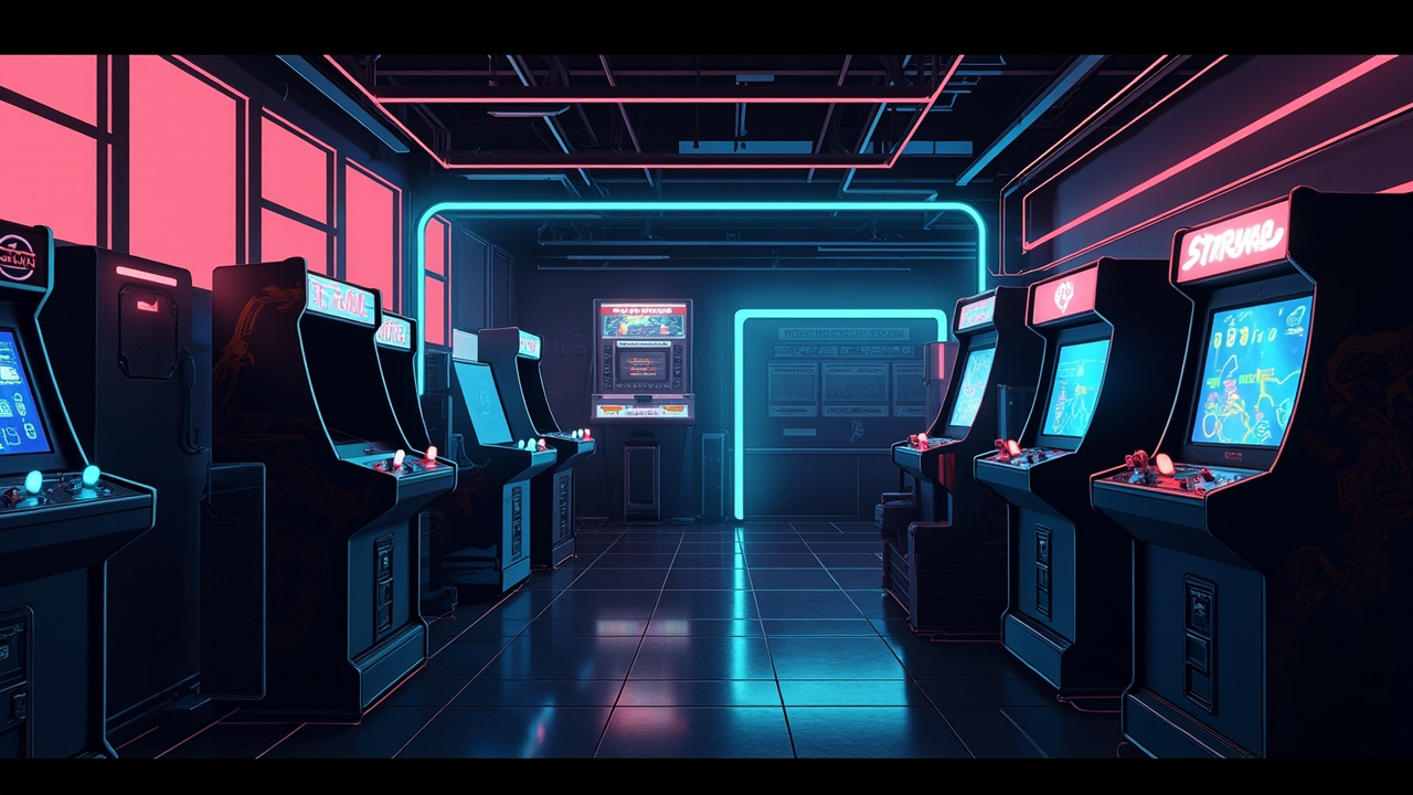 Illustration of a neon-lit retro arcade interior