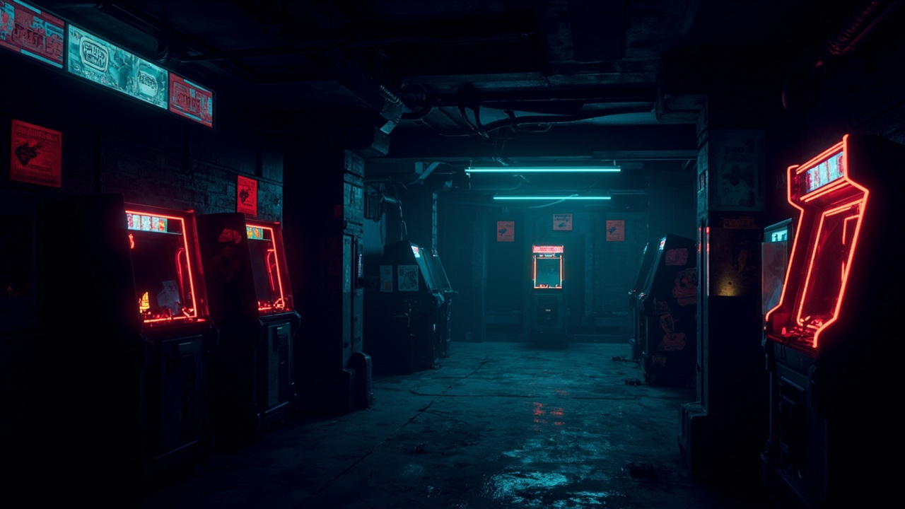 Illustration of a neon-lit retro arcade interior