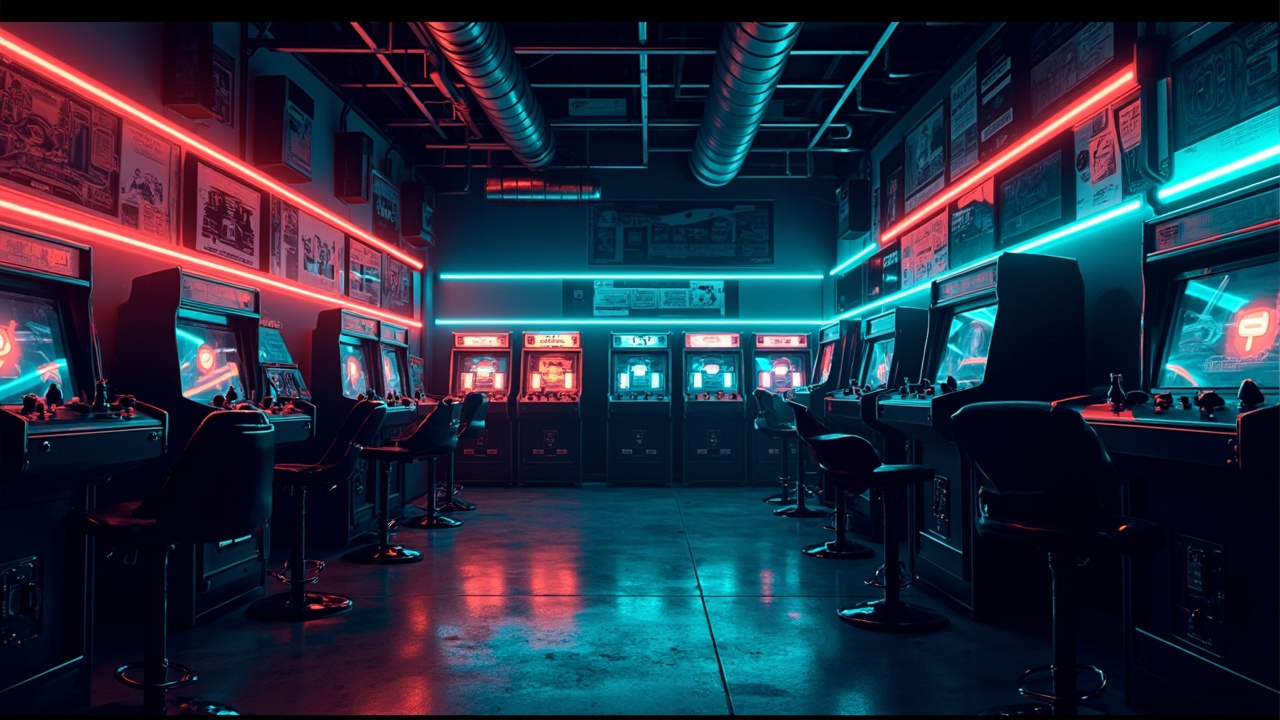 Illustration of a neon-lit retro arcade interior