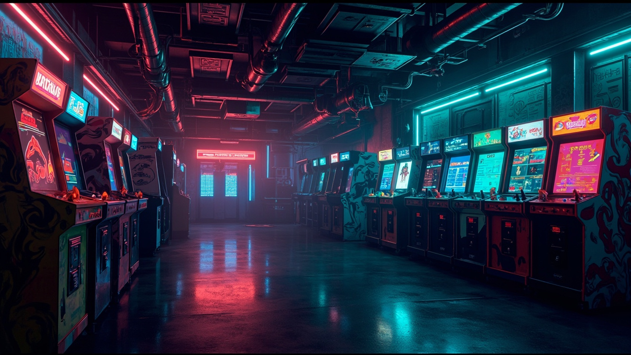 Illustration of a neon-lit retro arcade interior