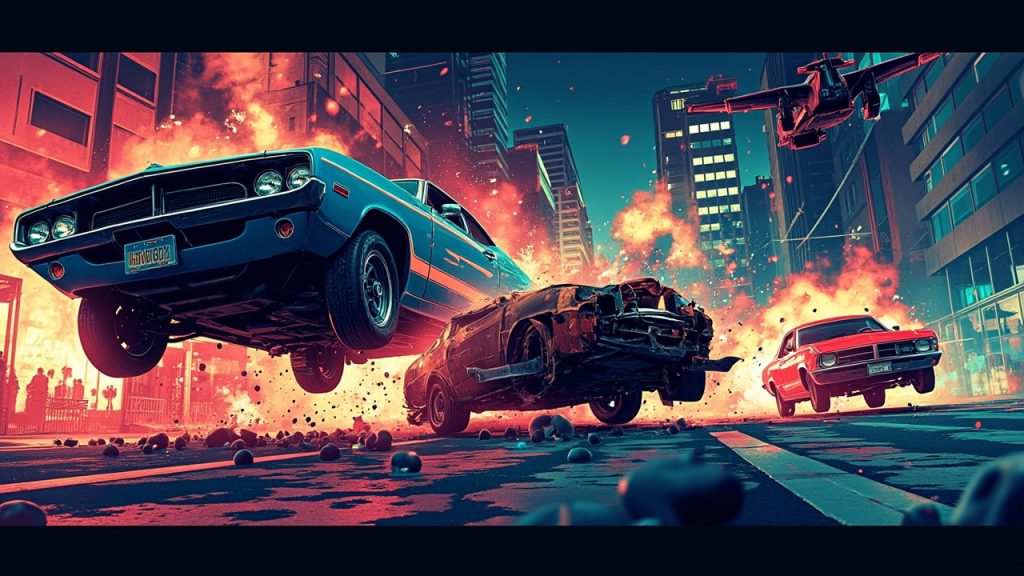 Illustration: Three damaged cars—a blue muscle car launched mid-air, a rusted brown classic sedan, and a red sports car—collide violently amid flying sparks and debris on a city street.